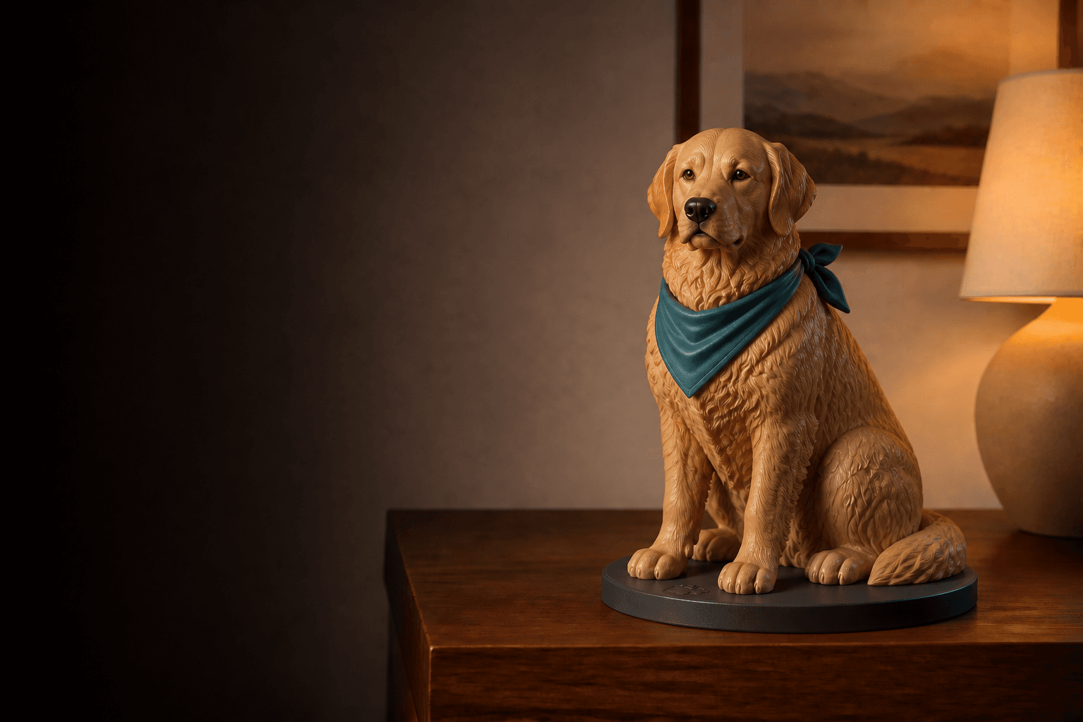 Figurine souvenir d’un chien imprimée en 3D couleurs dans un intérieur