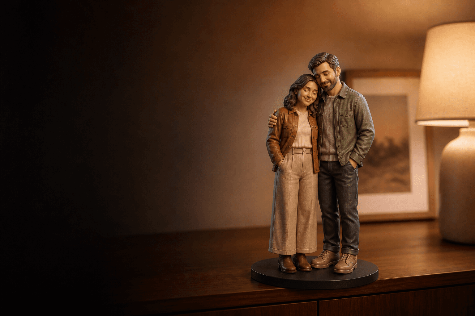 Figurine de couple imprimée en 3D couleurs dans un intérieur