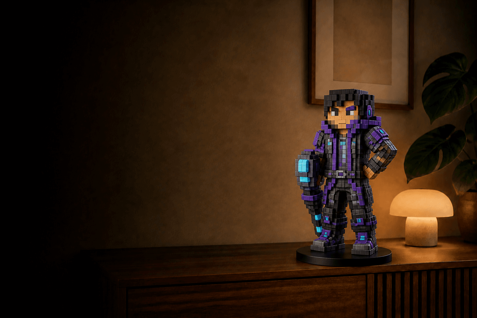 Skin de jeu vidéo voxel transformé en figurine 3D couleurs